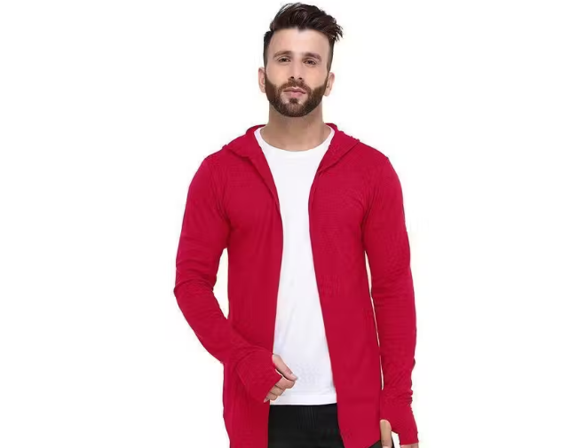GlamStore Men Red Hooded Thumbhole Open Long Cardigan Overcoat Shrug Men's Fully Comfortable Solid Cotton Square Neck Collar Full Sleeves Shrug