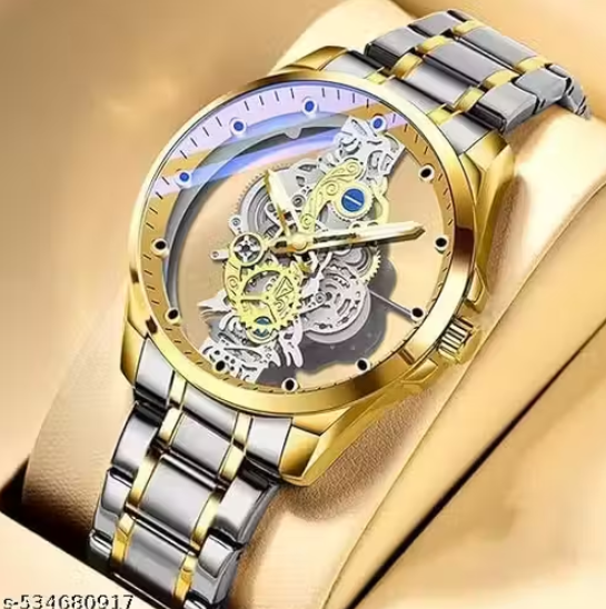 Skeleton Transparent Glass Wristwatch for Men, Gold-Sliver Tone Stainless Steel