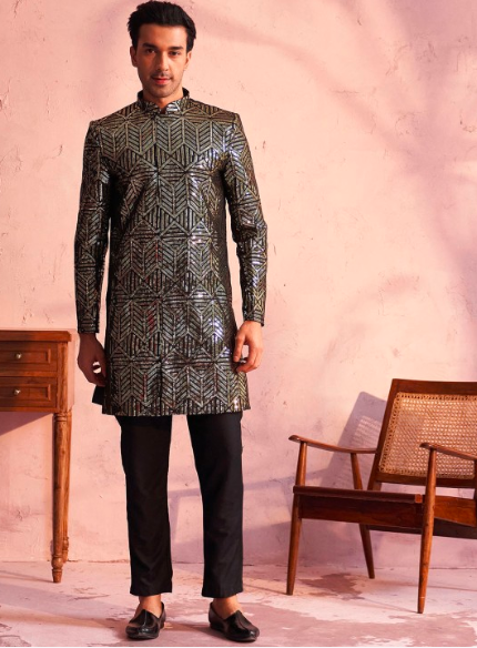 Embellished Sequinned Slim Fit Sherwani Set