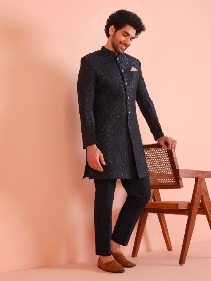 Self-Design Mandarin Collar Kurta Indowestern Sherwani Trouser Set