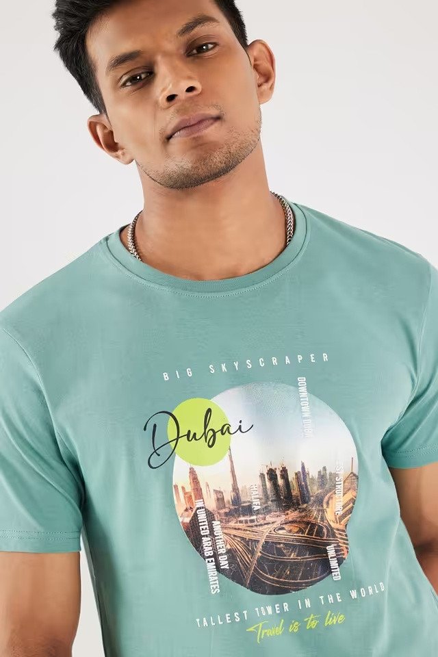 Cotton Round Neck Men's Green T-Shirt