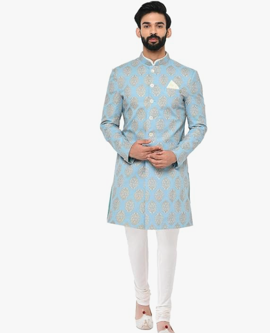 Men Blue Printed Indo-Western Sherwani Set Indo-Western, Full Sleaves, Knee Length, Straight, Regular Fit, Mandarin Collar Ethnic wear