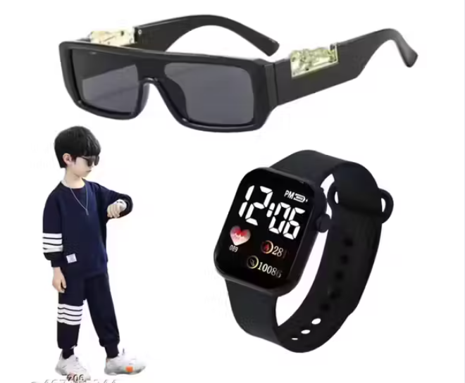 Black Kids Sunglasses Digital Watch for Boys Combo Set of 2 For 3-8 Years Age