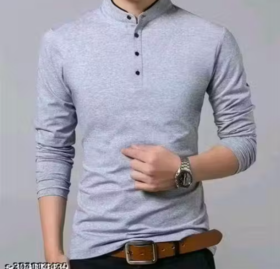 Men Fashion Solid Mandarin Collar Polyester T-Shirt | Men Full Sleeve Casual Regular Fit T Shirt
