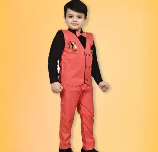 Kids Boys Formal 3-Piece Suit Set – Coat Pant with Shirt & Waistcoat | Party Wear Outfit for Wedding & Special Occasions (0-14 Yrs)