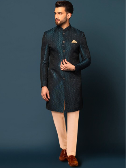 Embroidered Mandarin Collar Cotton Indowestern Sherwani Set