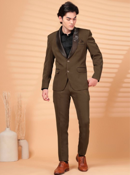 Klotthe Men Brown Solid Embroidery Single-Breasted Two-Piece Party Suit