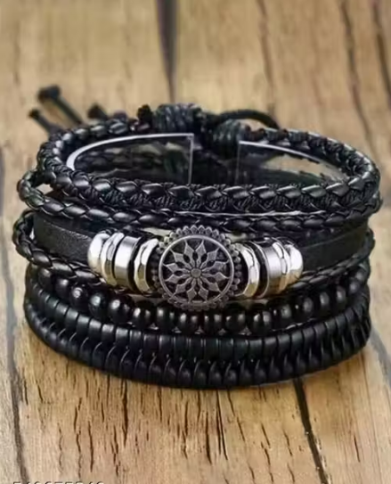 4 PCs Adjustable Multiple Layer PU Leather Bracelets - Tree Flower Charm Bracelet for Boys & Men